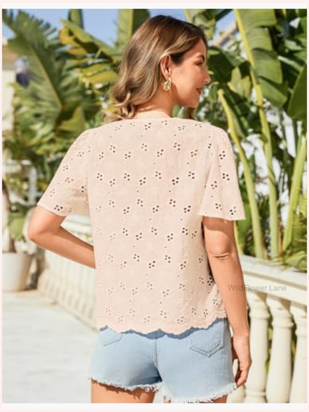 Cotton Eyelet Tie Front V Neck Boho Beach Cover Up Top - Picture 6 of 6